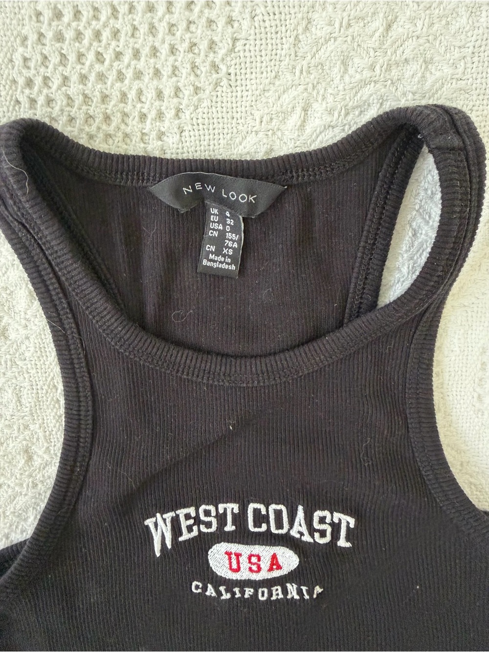 New Look Black Ribbed Racerback Tank with White & Red Embroidery - Picture 2 of 2